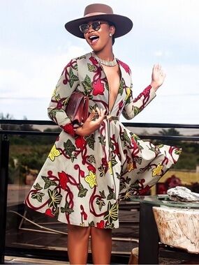 Mae Otti “Keita” African Floral Zip-Front Fit & Flare Dress - XL